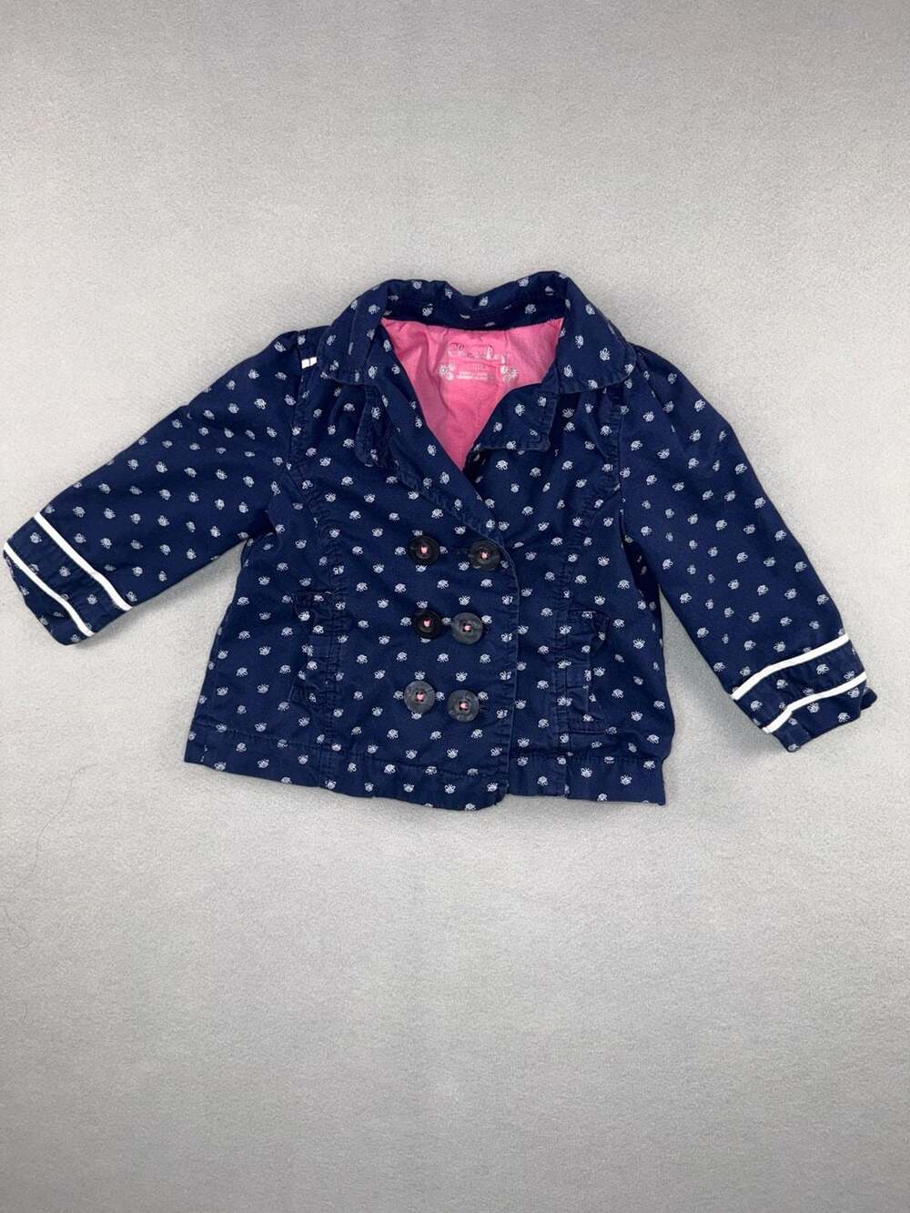 Cherokee Jacket 12M Navy White Floral Print Double Breasted